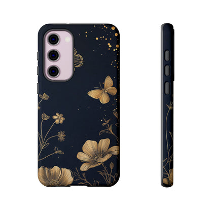 Gold Floral Butterfly Phone Case, Dark Aesthetic Botanical, Elegant Black Luxury iPhone Samsung Cover
