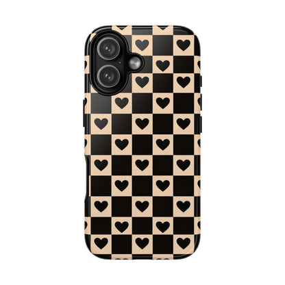 Checkerboard Heart Phone Case – Black & Beige Cute Aesthetic Protective Cover for Iphone, Samsung Galaxy and Pixel