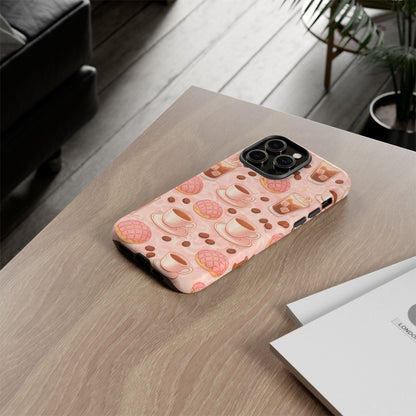 Cute Coffee & Pink Concha Phone Case – Coffee Lover Aesthetic Latte Pattern Tough Case