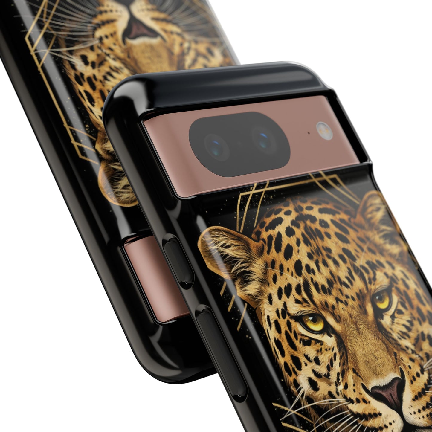 Leopard Head Geometric Phone Case – Black & Gold Luxe Tough Case
