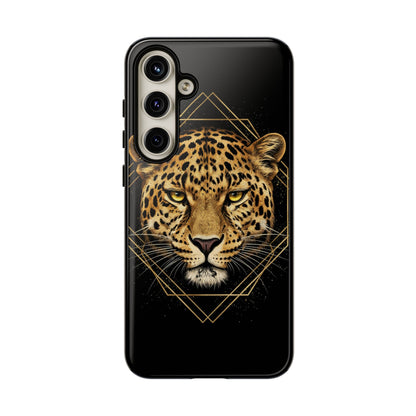 Leopard Head Geometric Phone Case – Black & Gold Luxe Tough Case