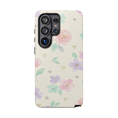 Pastel Floral Phone Case – Coquette Watercolor Flower Hearts Tough Case (iPhone, Samsung, Pixel)