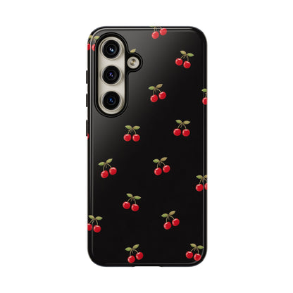 Cherry Pattern Phone Case — Slim Black Protective iPhone Case with Red Cherries for Iphone, Samsung Galaxy and Pixel