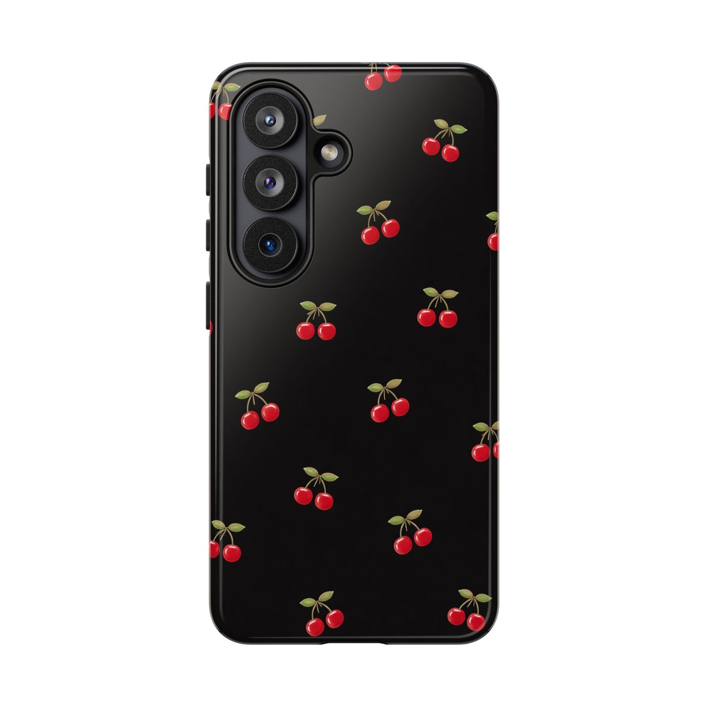 Cherry Pattern Phone Case — Slim Black Protective iPhone Case with Red Cherries for Iphone, Samsung Galaxy and Pixel
