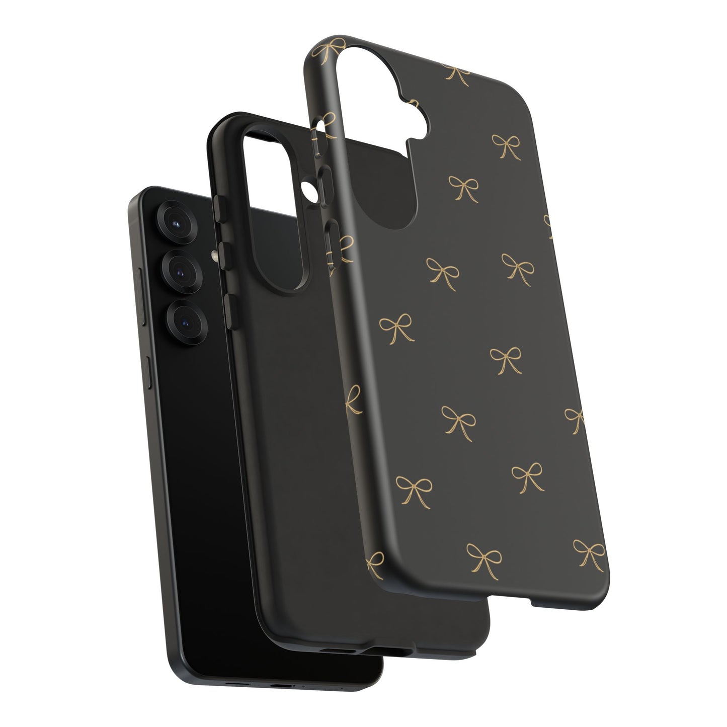 Black Phone Case with Gold Bow Pattern – Slim Protective Cute Aesthetic Cover for Iphone, Samsung Galaxy and Pixel
