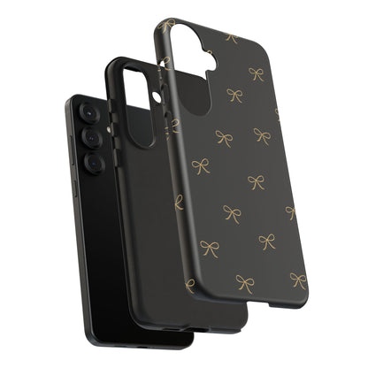 Black Phone Case with Gold Bow Pattern – Slim Protective Cute Aesthetic Cover for Iphone, Samsung Galaxy and Pixel