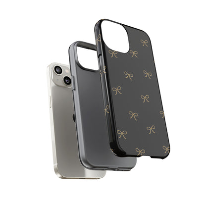 Black Phone Case with Gold Bow Pattern – Slim Protective Cute Aesthetic Cover for Iphone, Samsung Galaxy and Pixel