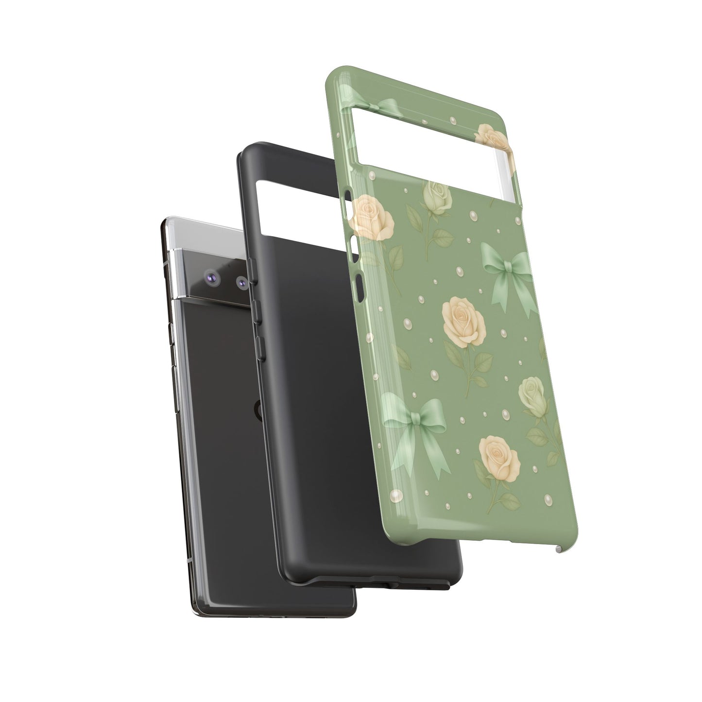 Vintage Rose Bow Phone Case – Sage Green Floral Coquette Aesthetic Tough Case (iPhone, Samsung, Pixel)