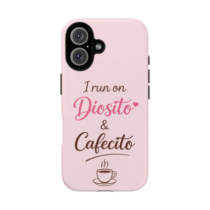 I Run on Diosito y Cafecito Phone Case, Pink Aesthetic Latina Faith Coffee Case, Girly Protective iPhone Samsung Cover