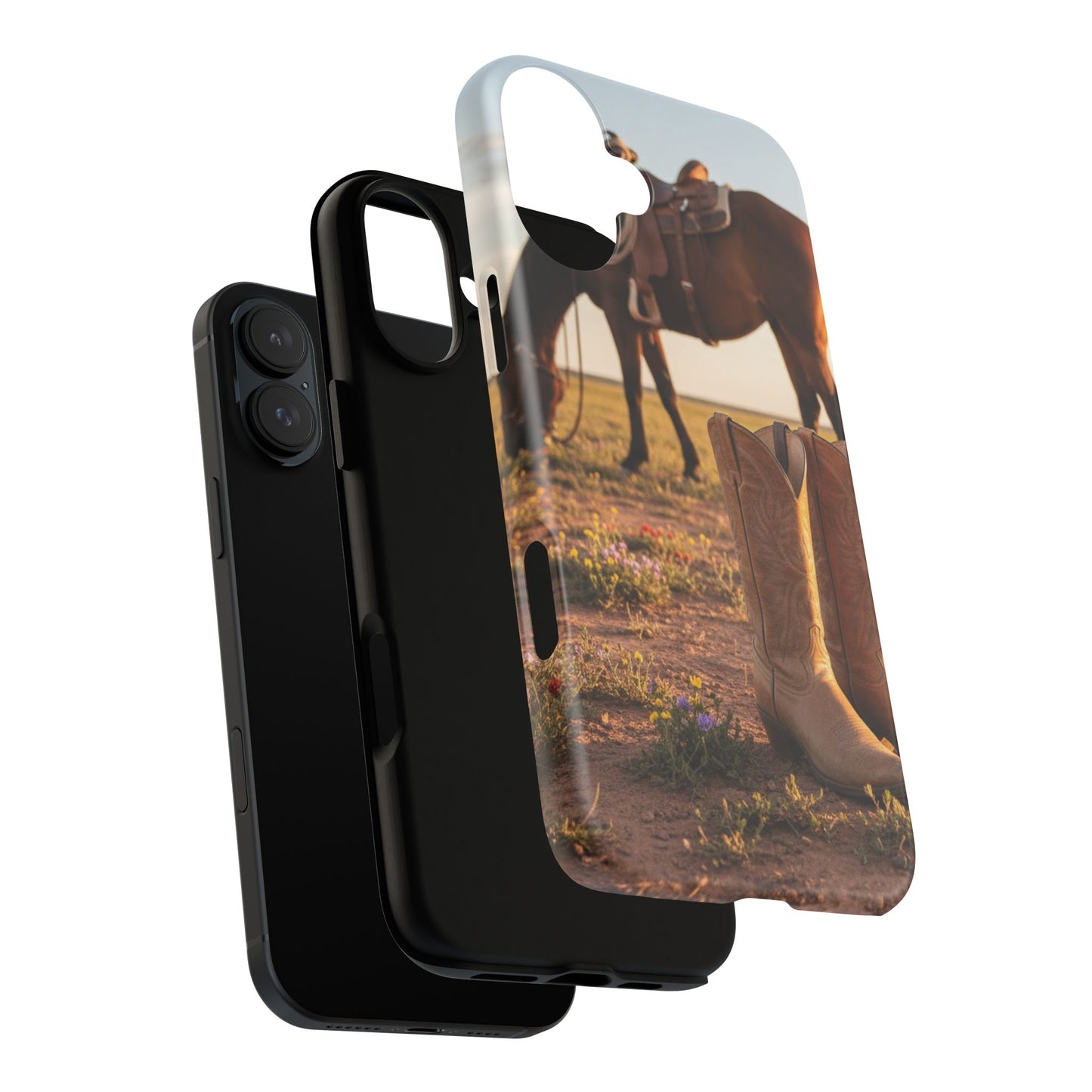 Western Cowboy Boots Phone Case – Rustic Horse Sunset Tough Case (iPhone, Samsung, Pixel)