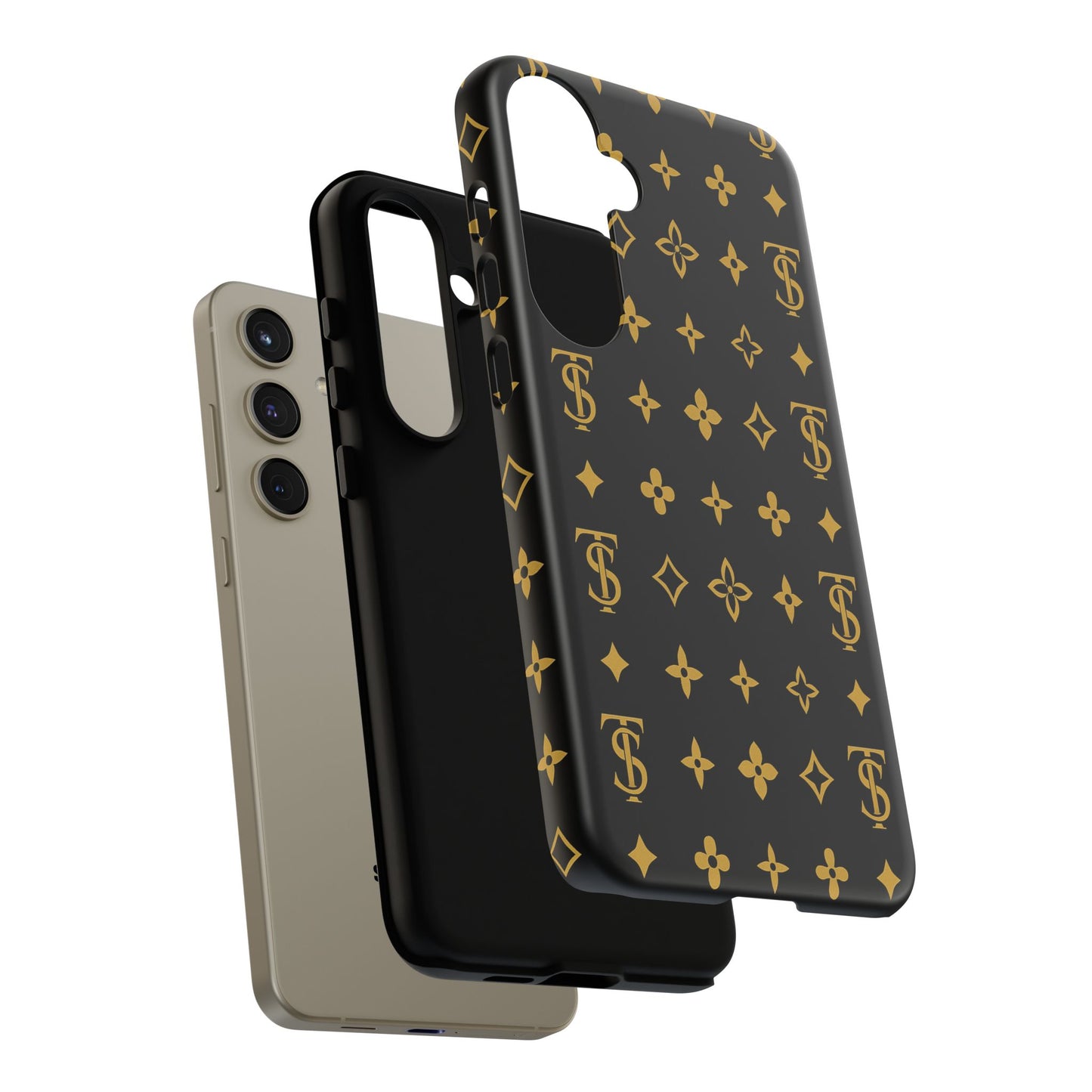 Gold Monogram Pattern Tough Phone Case | Black & Gold Luxury Design for Iphone, Samsung Galaxy and Pixel