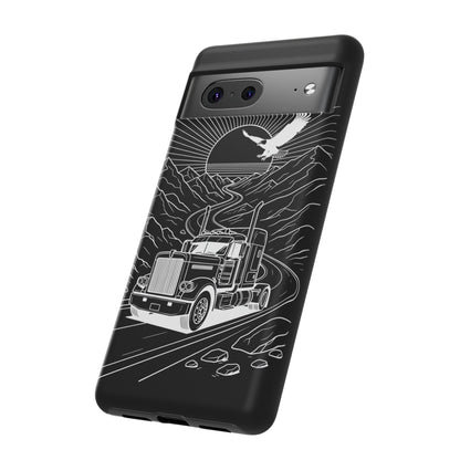 Trucker Highway Phone Case | Eagle & Mountain Line Art | Black Western Tough Case