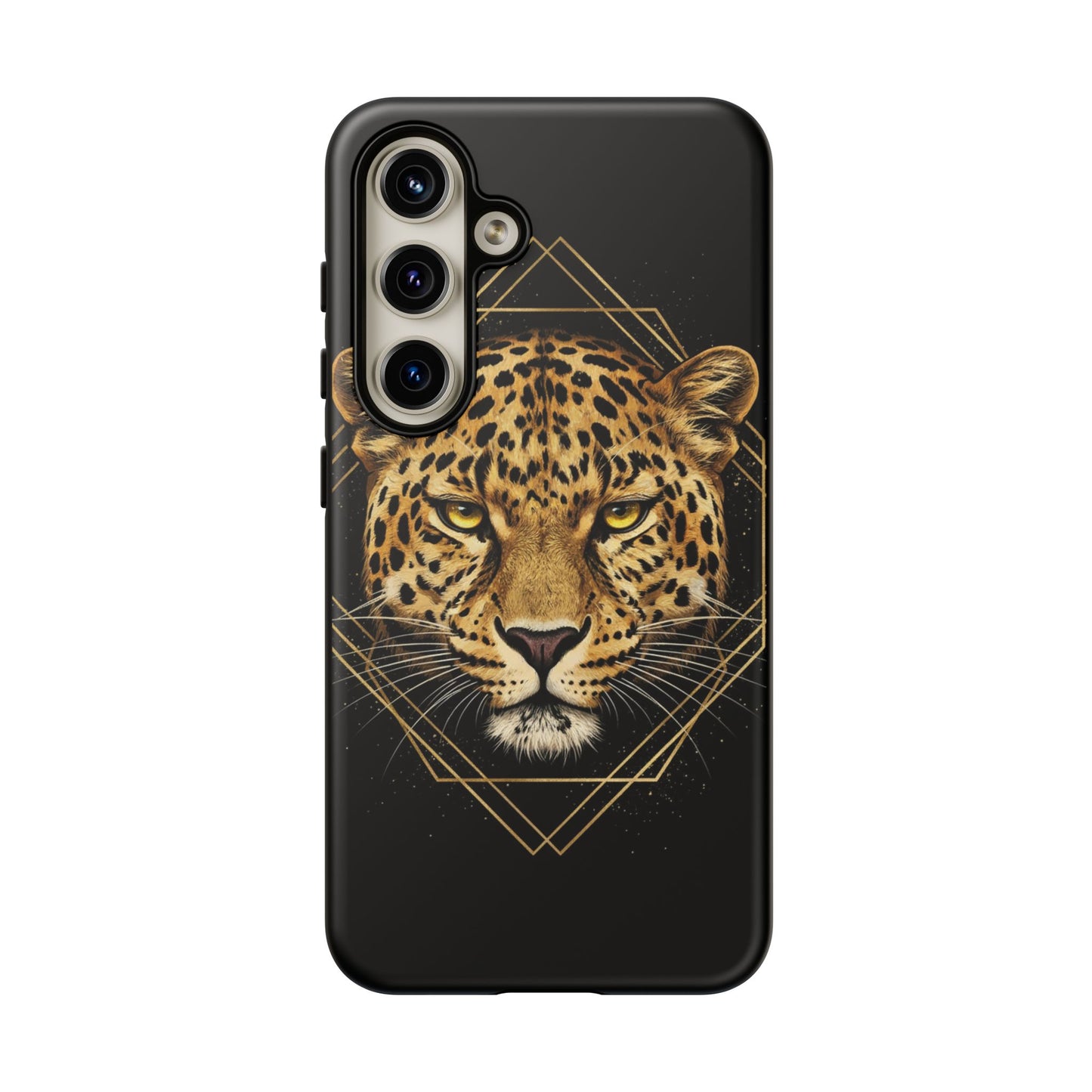Leopard Head Geometric Phone Case – Black & Gold Luxe Tough Case
