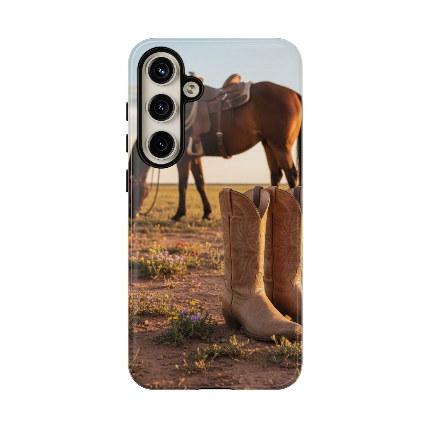 Western Cowboy Boots Phone Case – Rustic Horse Sunset Tough Case (iPhone, Samsung, Pixel)