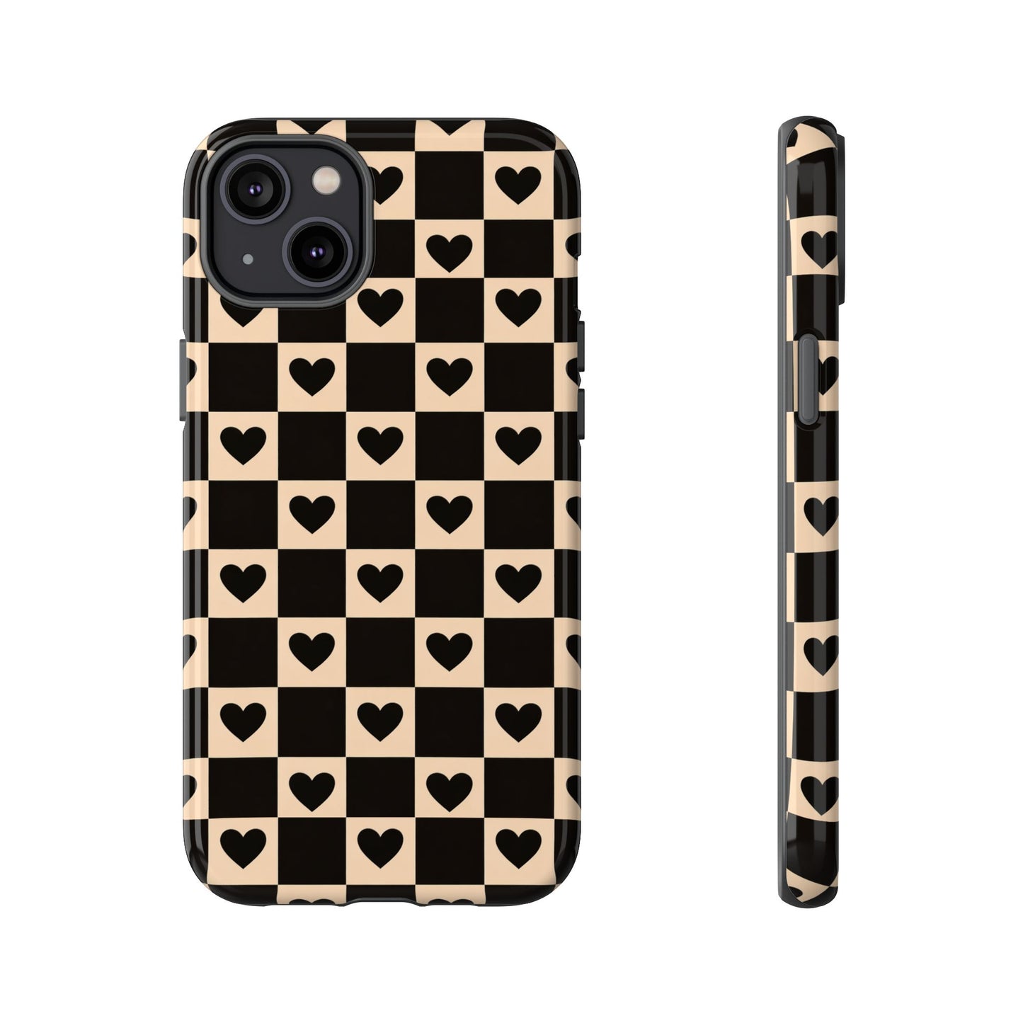 Checkerboard Heart Phone Case – Black & Beige Cute Aesthetic Protective Cover for Iphone, Samsung Galaxy and Pixel