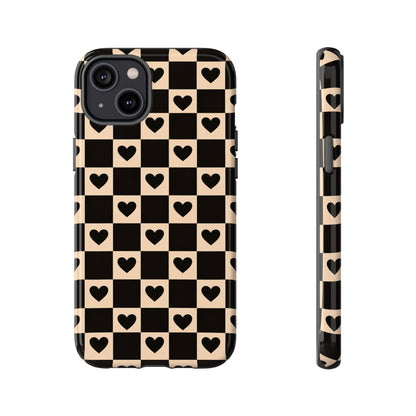 Checkerboard Heart Phone Case – Black & Beige Cute Aesthetic Protective Cover for Iphone, Samsung Galaxy and Pixel