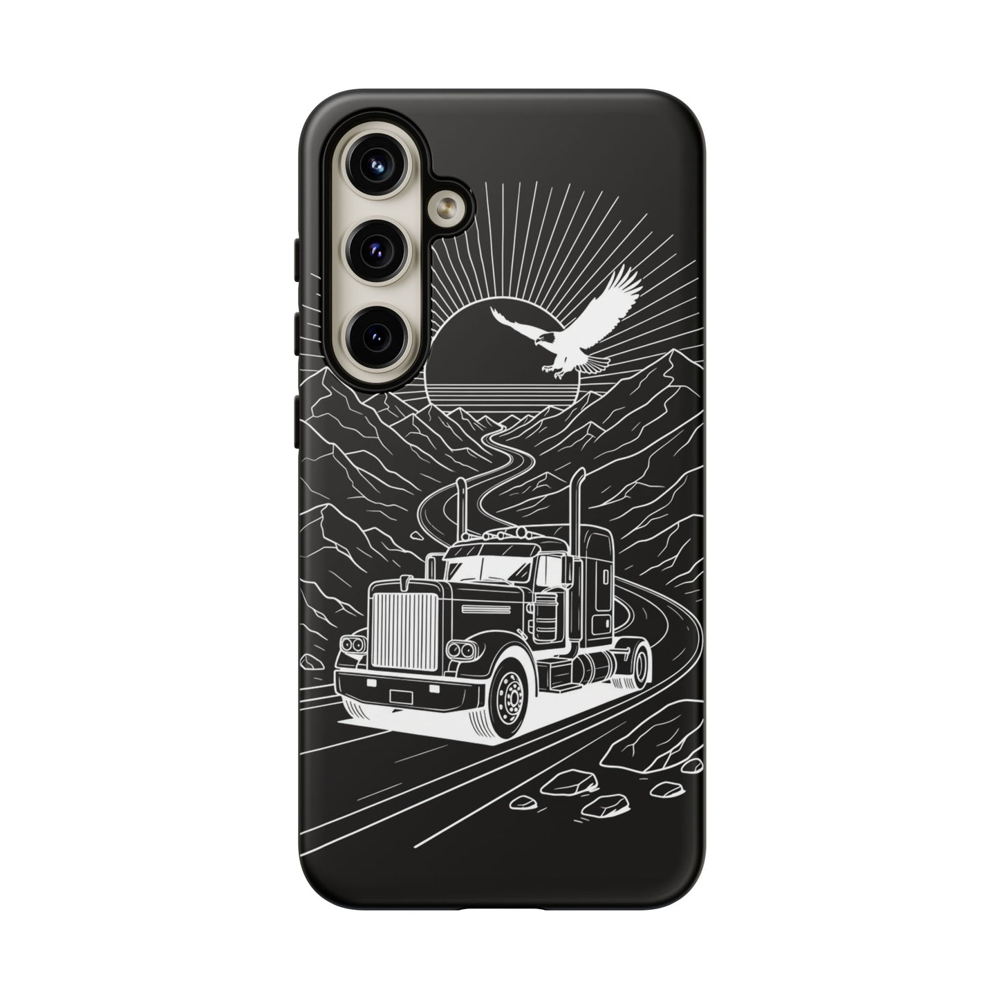 Trucker Highway Phone Case | Eagle & Mountain Line Art | Black Western Tough Case