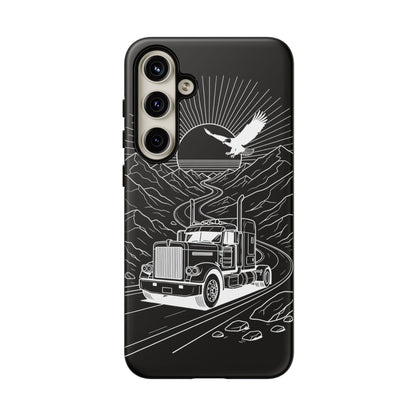 Trucker Highway Phone Case | Eagle & Mountain Line Art | Black Western Tough Case