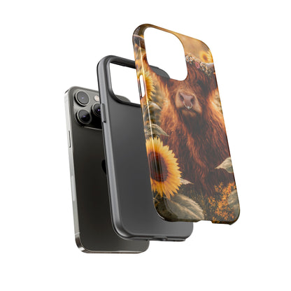 Highland Cow Sunflower Phone Case | Floral Farmhouse iPhone, Samsung Galaxy and Pixel Cover