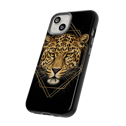 Leopard Head Geometric Phone Case – Black & Gold Luxe Tough Case