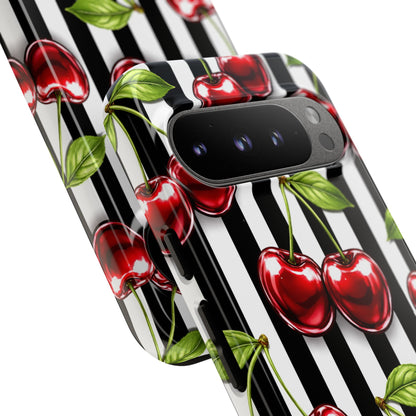 Cherry Pattern Phone Case Black White Stripe Retro Aesthetic Tough Cover