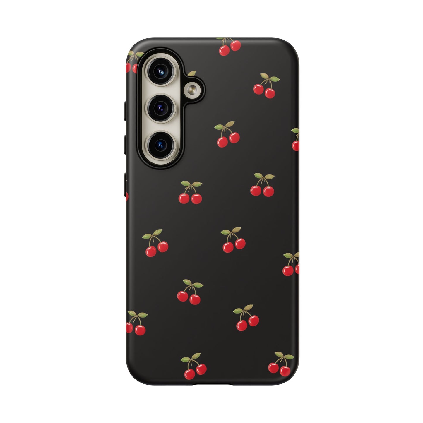 Cherry Pattern Phone Case — Slim Black Protective iPhone Case with Red Cherries for Iphone, Samsung Galaxy and Pixel