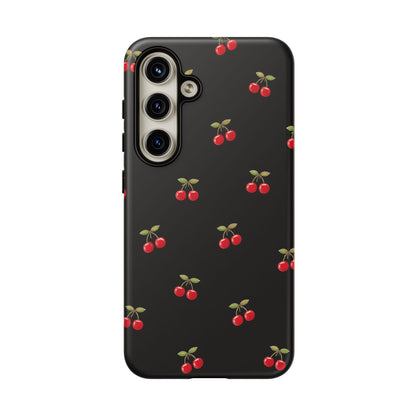 Cherry Pattern Phone Case — Slim Black Protective iPhone Case with Red Cherries for Iphone, Samsung Galaxy and Pixel