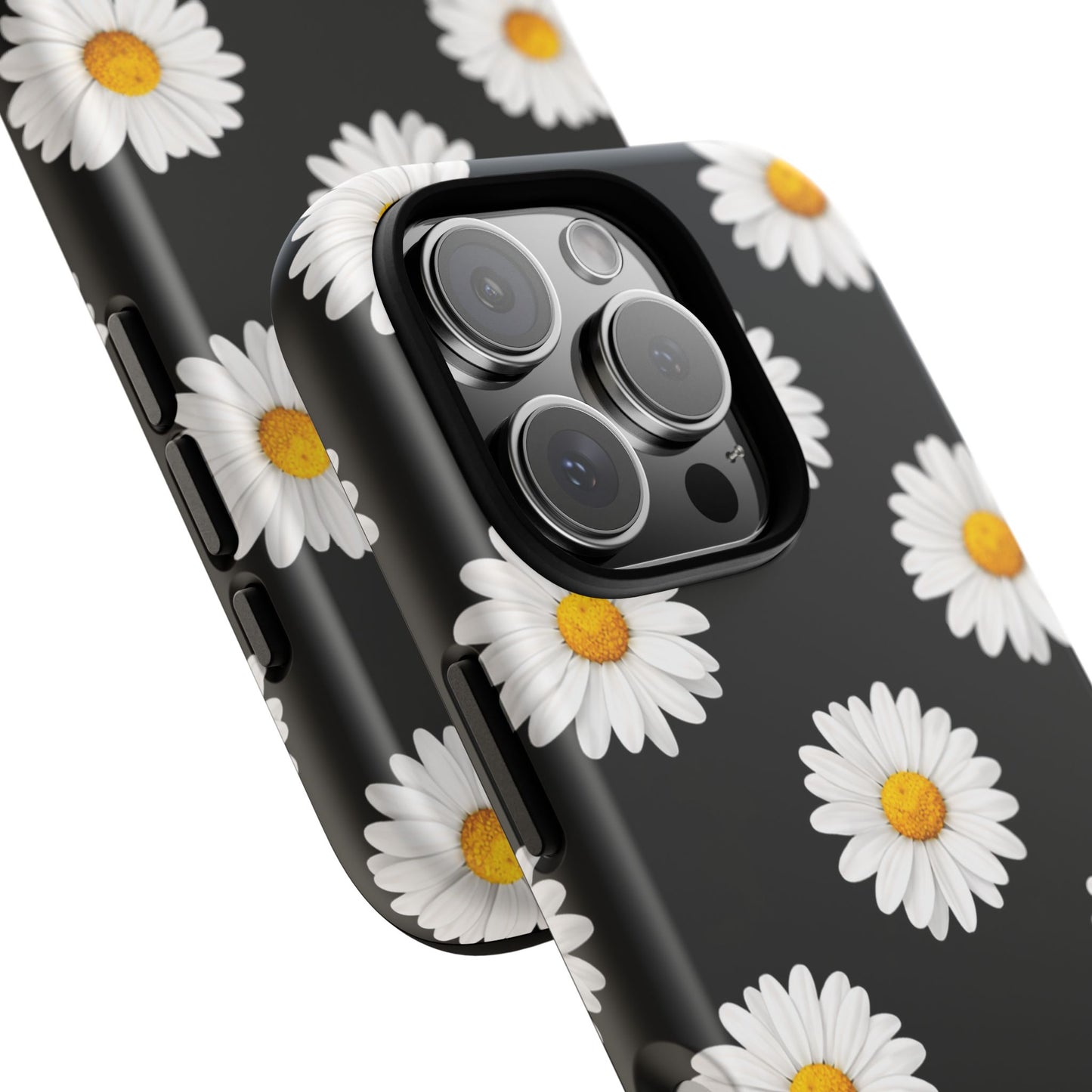 Black Daisy Floral Tough Phone Case – Cute Protective Cover for Iphone, Samsung Galaxy and Pixel