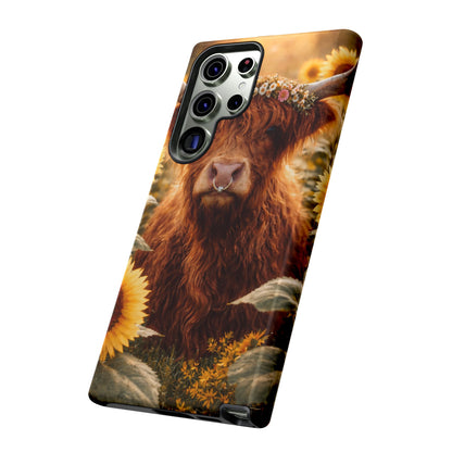 Highland Cow Sunflower Phone Case | Floral Farmhouse iPhone, Samsung Galaxy and Pixel Cover