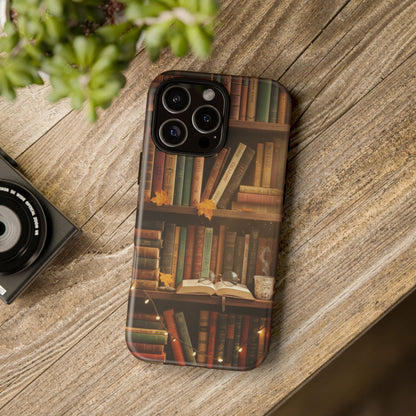 Cozy Vintage Bookshelf Phone Case, Library Aesthetic Book Stack, Autumn Coffee Vibes (iPhone, Samsung, Pixel)