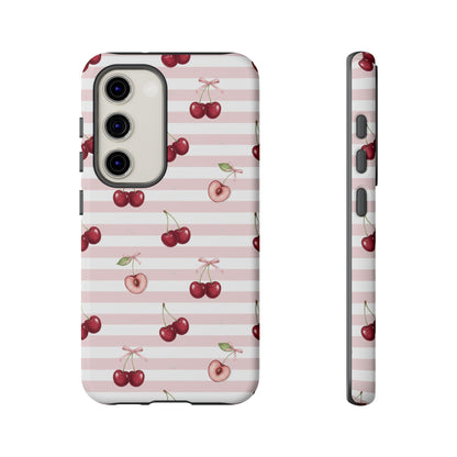 Pink Cherry Stripe Phone Case | Cute Coquette Aesthetic Protective Tough Case