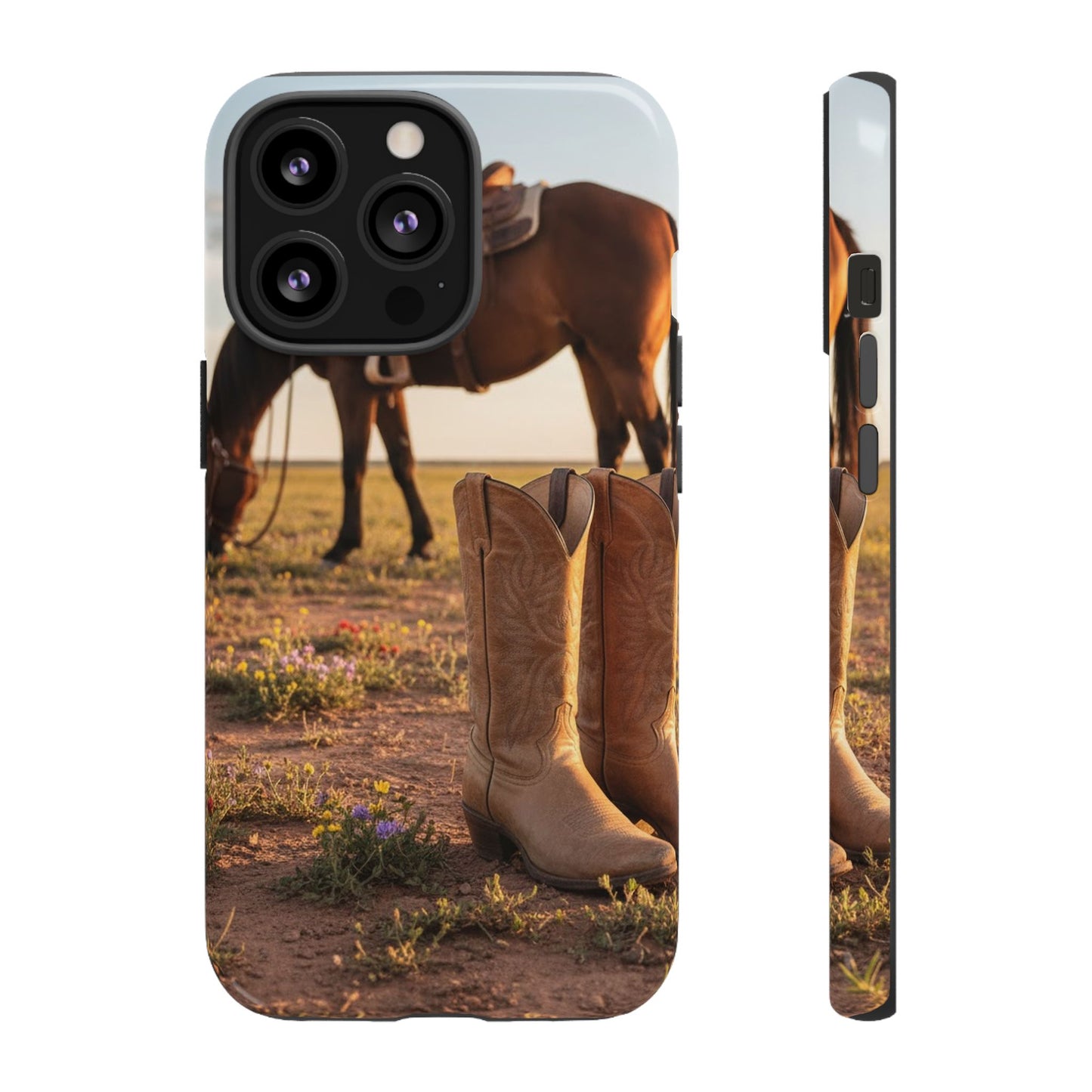 Western Cowboy Boots Phone Case – Rustic Horse Sunset Tough Case (iPhone, Samsung, Pixel)