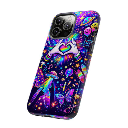 Rainbow Heart Hands Phone Case – Neon Galaxy EDM Festival Tough Cover