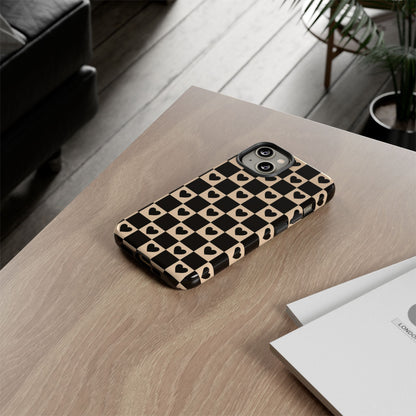 Checkerboard Heart Phone Case – Black & Beige Cute Aesthetic Protective Cover for Iphone, Samsung Galaxy and Pixel