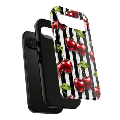 Cherry Pattern Phone Case Black White Stripe Retro Aesthetic Tough Cover