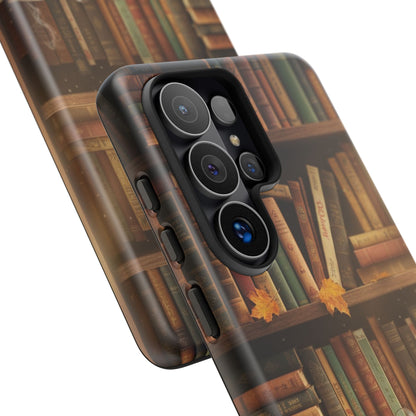Cozy Vintage Bookshelf Phone Case, Library Aesthetic Book Stack, Autumn Coffee Vibes (iPhone, Samsung, Pixel)
