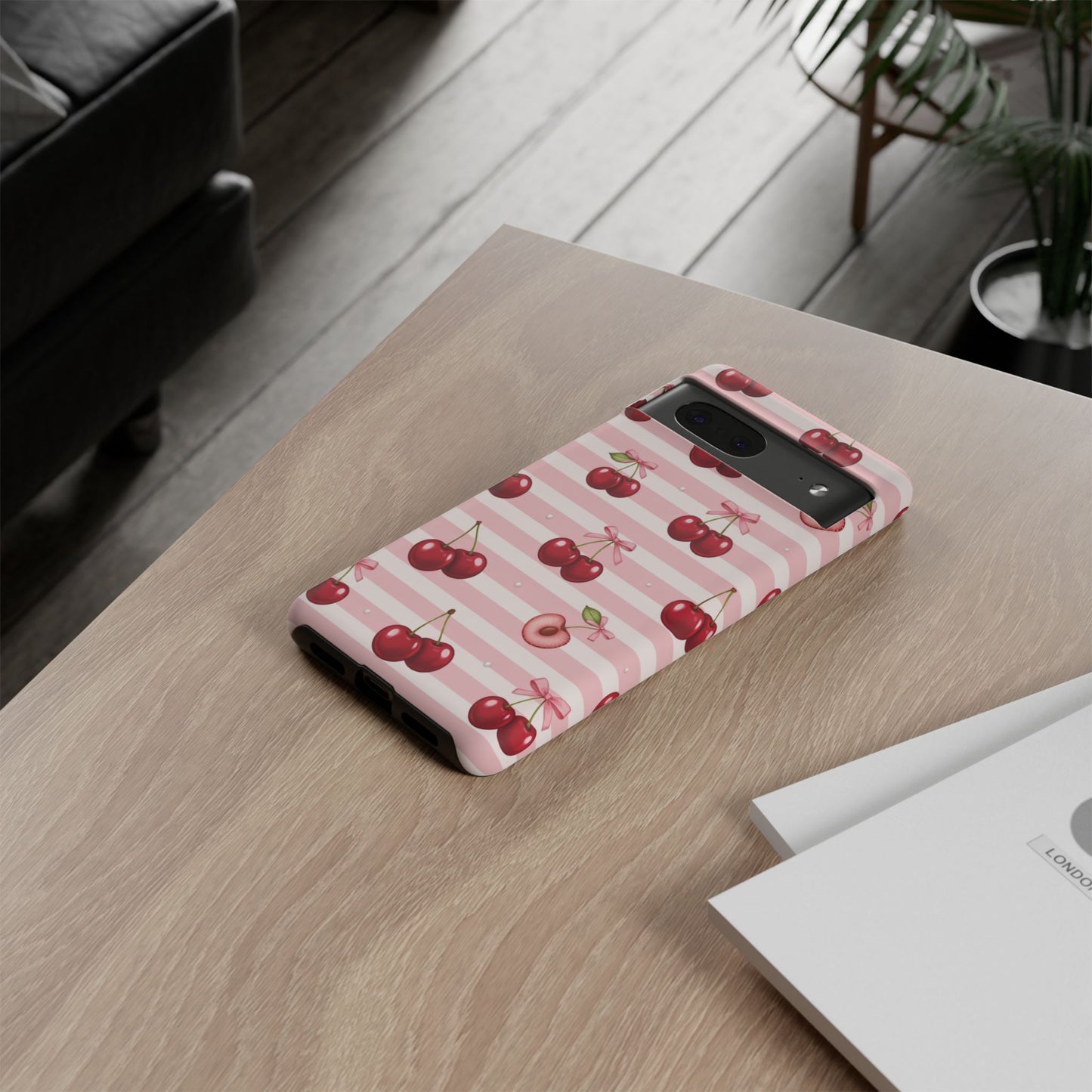 Coquette Cherry Bow Phone Case | Cute Pink Aesthetic Cherry Pattern Tough Case for iPhone & Samsung
