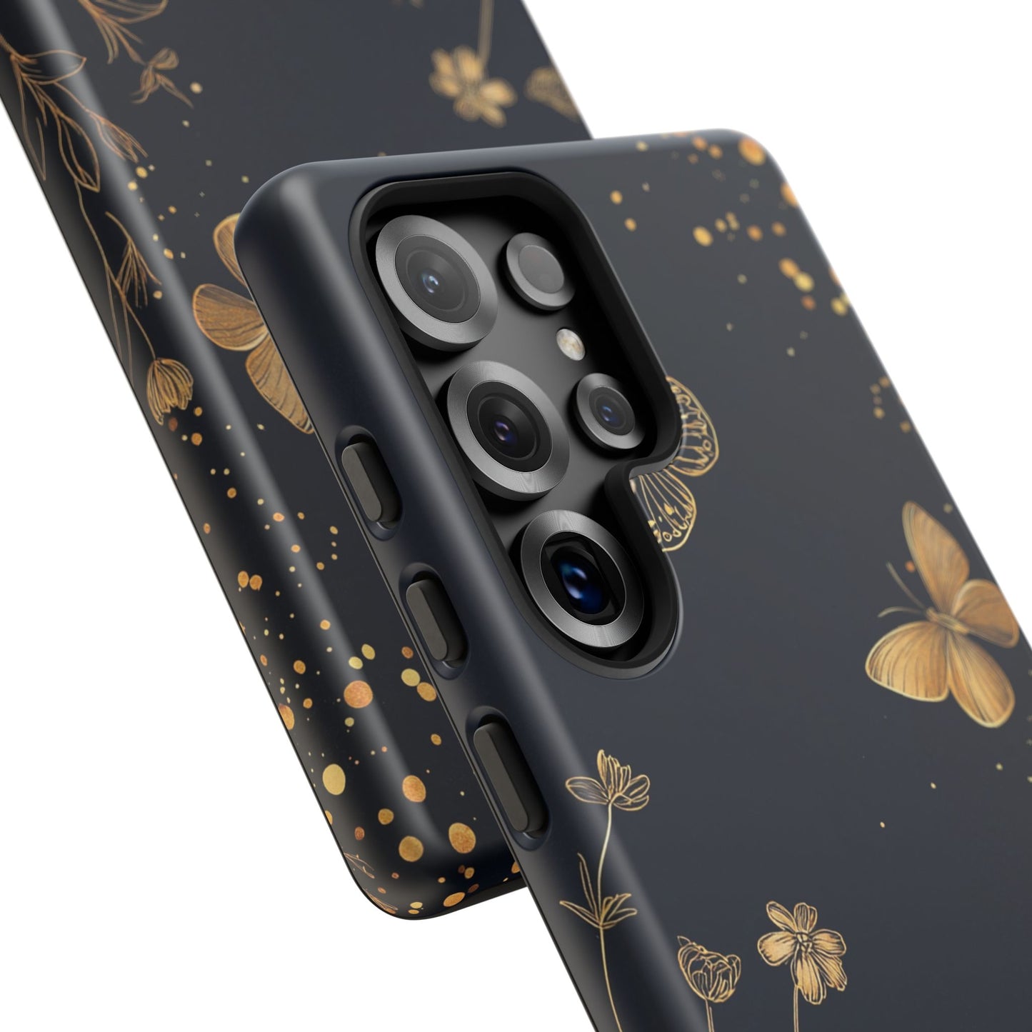 Gold Floral Butterfly Phone Case, Dark Aesthetic Botanical, Elegant Black Luxury iPhone Samsung Cover