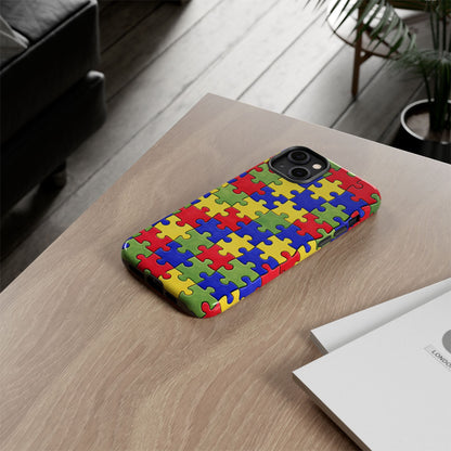 Colorful Puzzle Phone Case, Autism Awareness Jigsaw Design, Tough Protective Case, iPhone & Samsung Case, Vibrant Puzzle Pattern