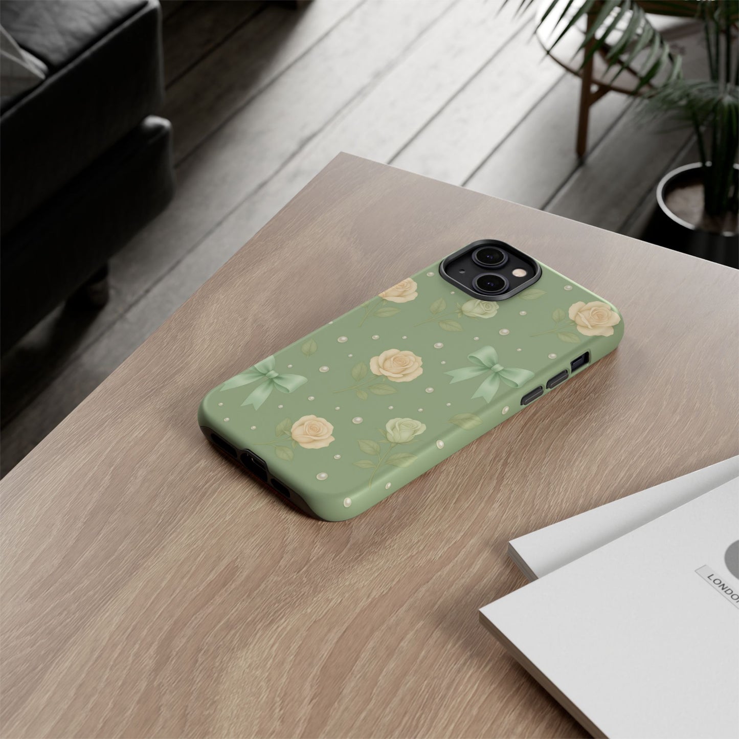 Vintage Rose Bow Phone Case – Sage Green Floral Coquette Aesthetic Tough Case (iPhone, Samsung, Pixel)