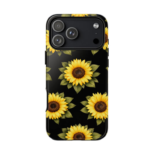 Sunflower Floral Tough Phone Case – Black Background Protective Cover for Iphone, Samsung Galaxy and Pixel