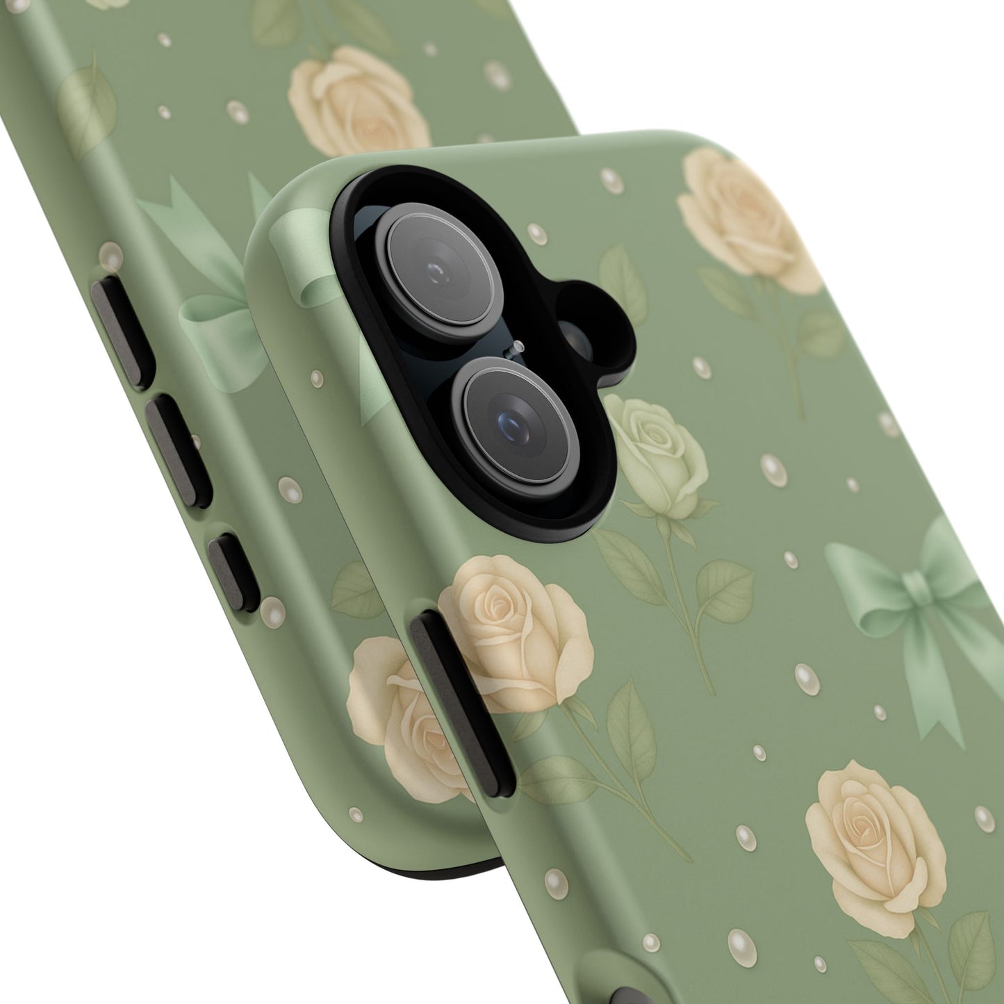 Vintage Rose Bow Phone Case – Sage Green Floral Coquette Aesthetic Tough Case (iPhone, Samsung, Pixel)
