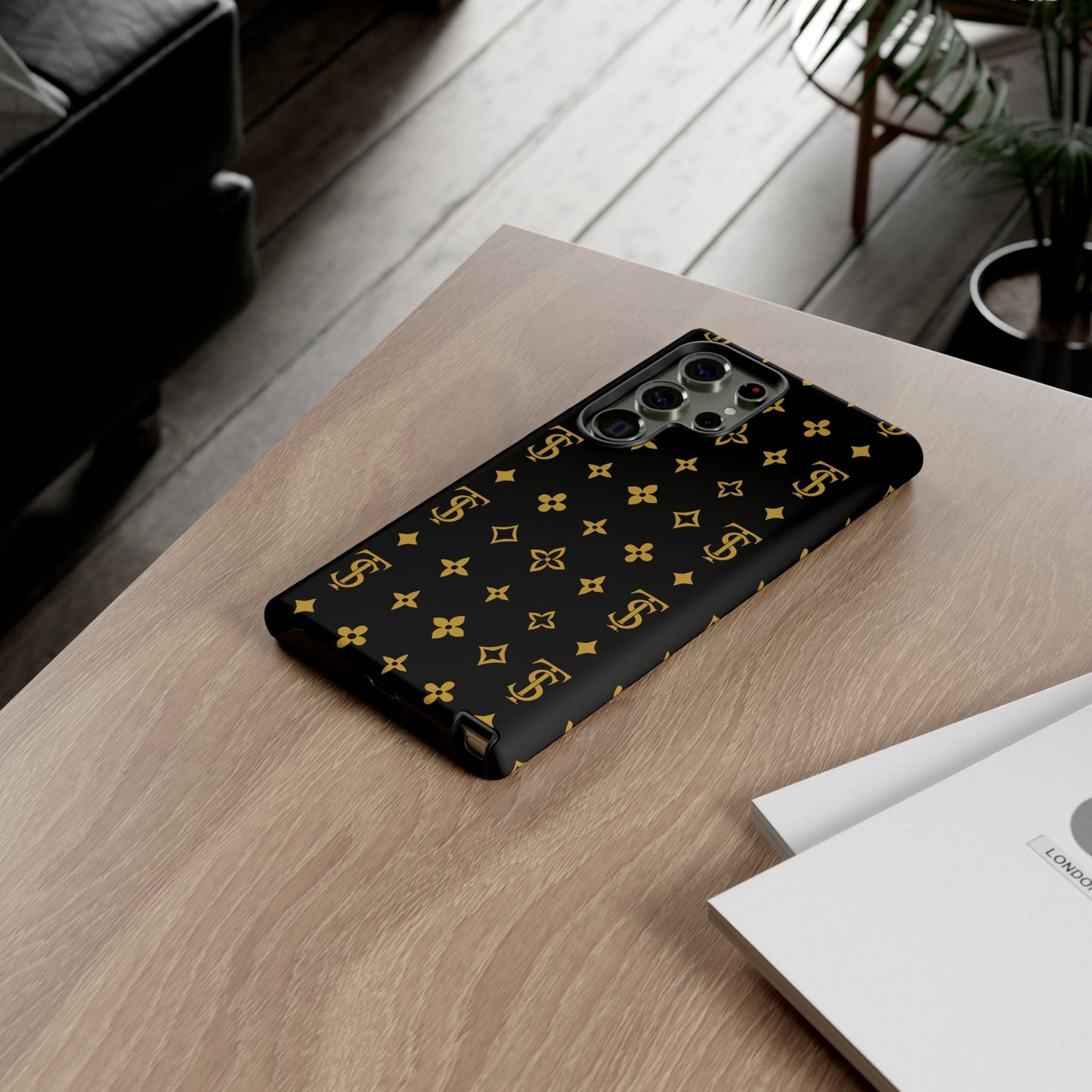 Gold Monogram Pattern Tough Phone Case | Black & Gold Luxury Design for Iphone, Samsung Galaxy and Pixel