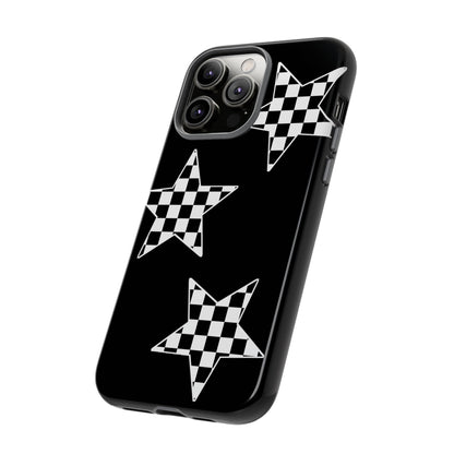 Checkered Star Tough Phone Case – Black Retro Graphic Protective Cover for Iphone, Samsung Galaxy and Pixel