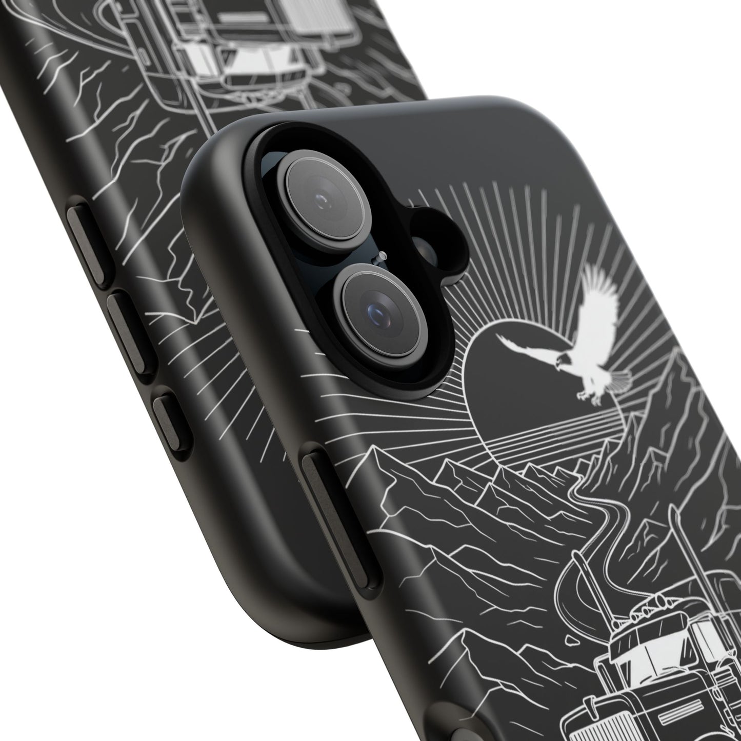 Trucker Highway Phone Case | Eagle & Mountain Line Art | Black Western Tough Case