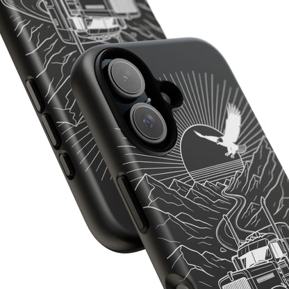 Trucker Highway Phone Case | Eagle & Mountain Line Art | Black Western Tough Case