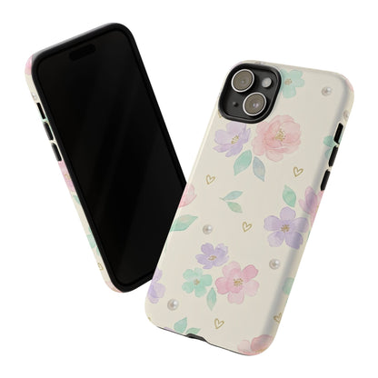 Pastel Floral Phone Case – Coquette Watercolor Flower Hearts Tough Case (iPhone, Samsung, Pixel)