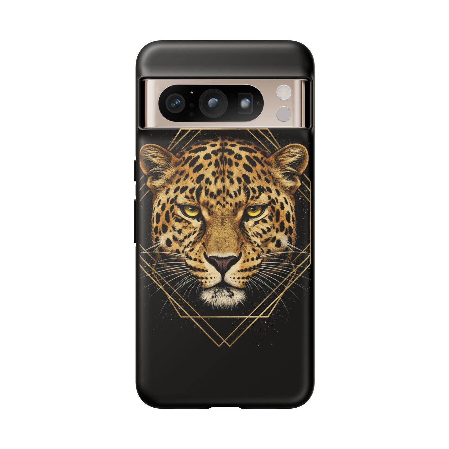 Leopard Head Geometric Phone Case – Black & Gold Luxe Tough Case