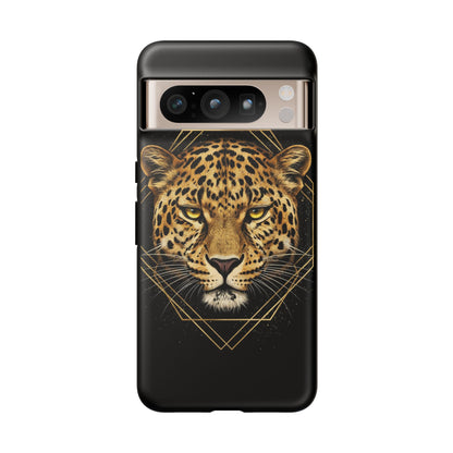 Leopard Head Geometric Phone Case – Black & Gold Luxe Tough Case