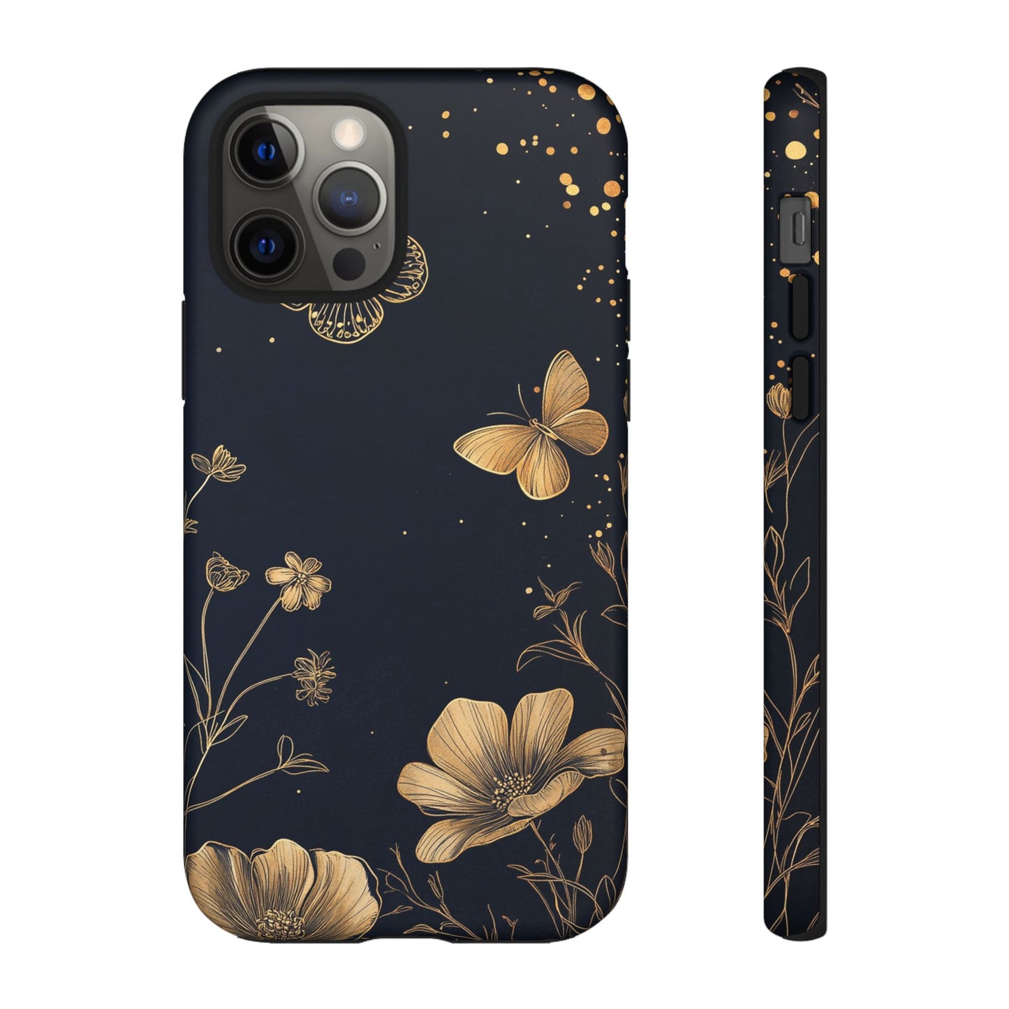Gold Floral Butterfly Phone Case, Dark Aesthetic Botanical, Elegant Black Luxury iPhone Samsung Cover